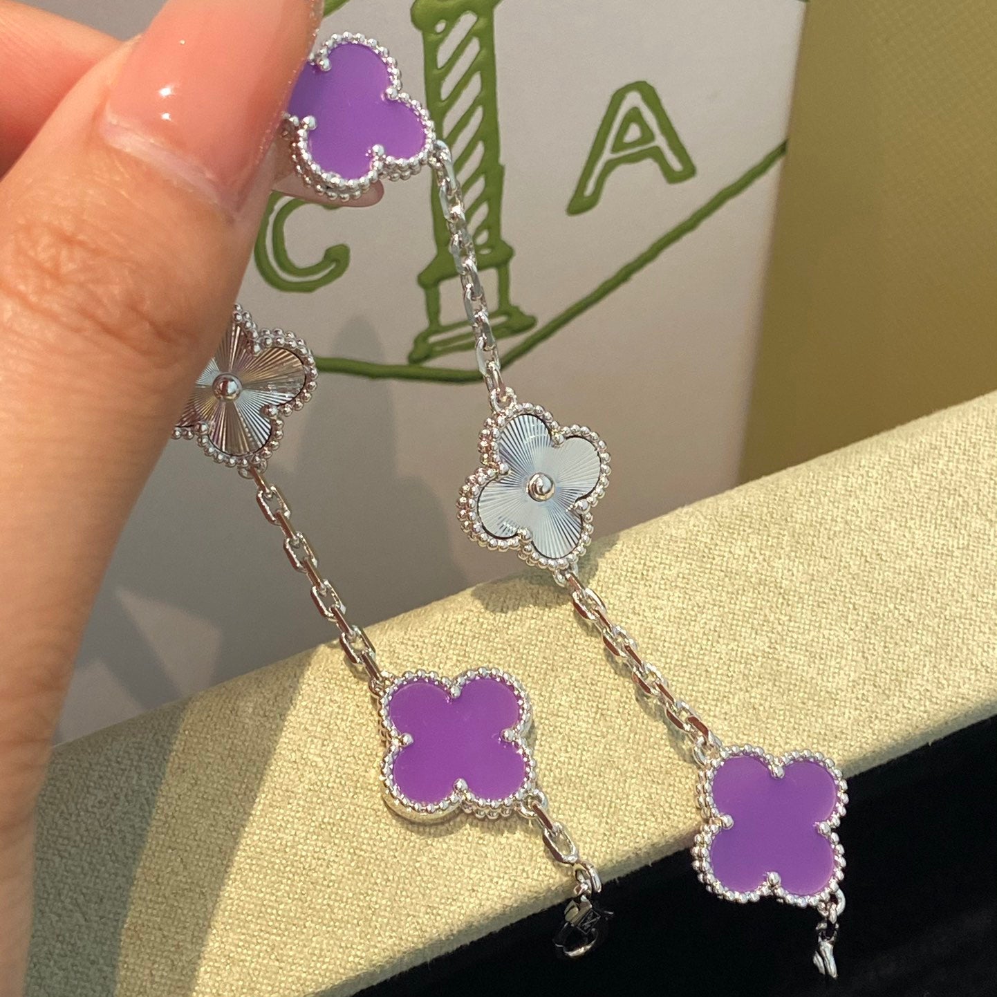 [Mystic]CLOVER  5 MOTIFS  PURPLE VIOLET BRACELET SILVER-w