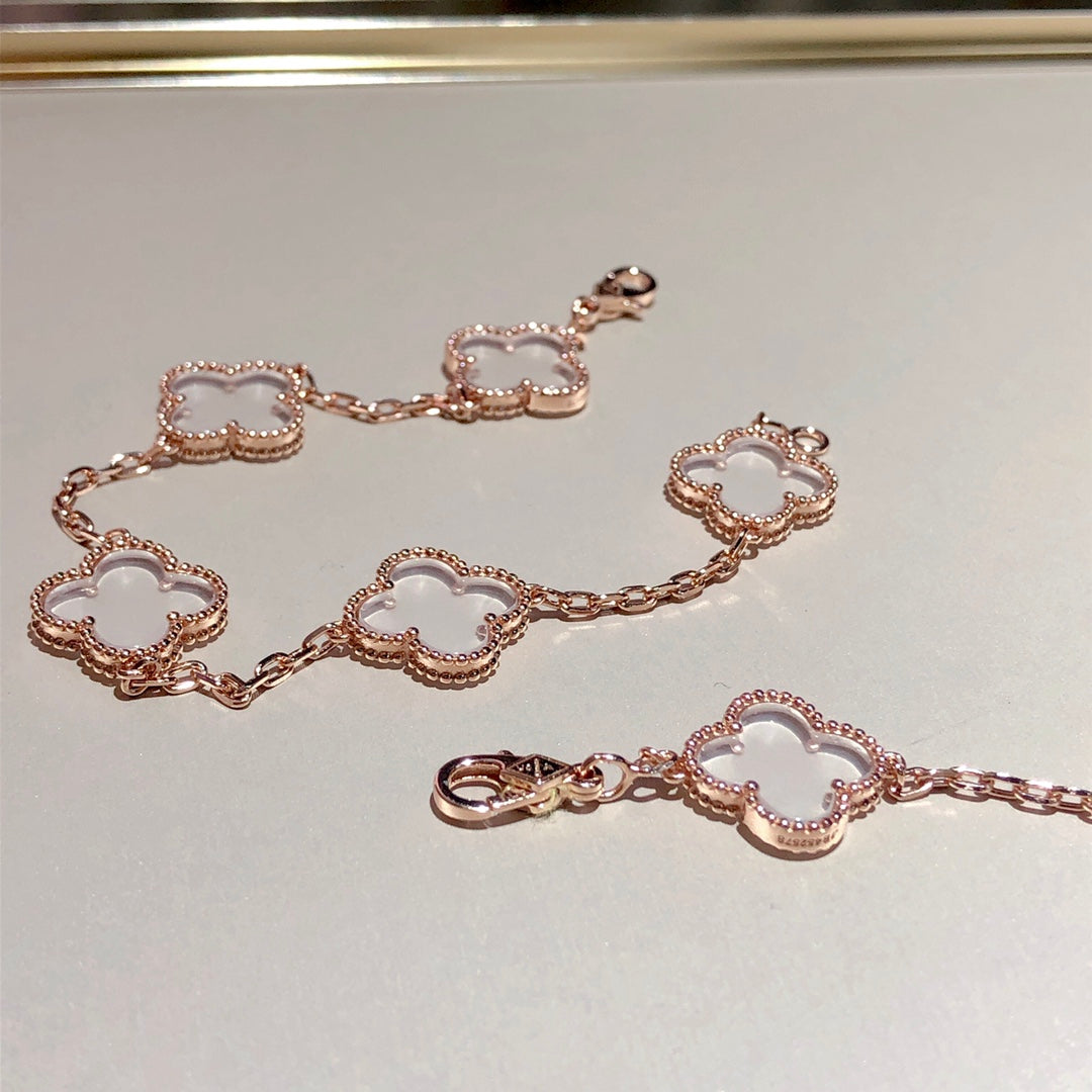 [Mystic]CLOVER 5 MOTIF ROCK CRYSTAL PINK GOLD BRACELET