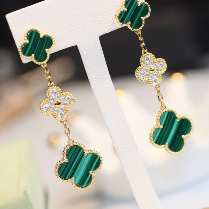 [Mystic]CLOVER EARRINGS GOLD MALACHITE DIAMOND 3 MOTIF