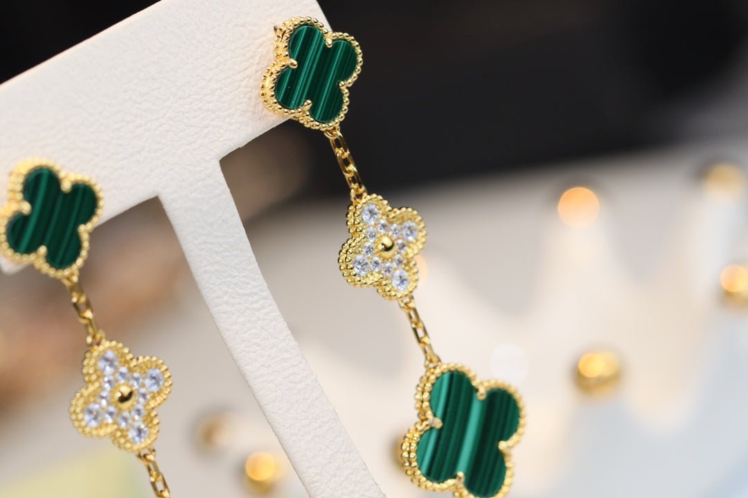 [Mystic Crown]CLOVER EARRINGS GOLD MALACHITE DIAMOND 3 MOTIF