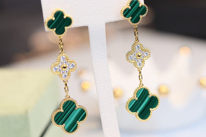 [Mystic]CLOVER EARRINGS GOLD MALACHITE DIAMOND 3 MOTIF