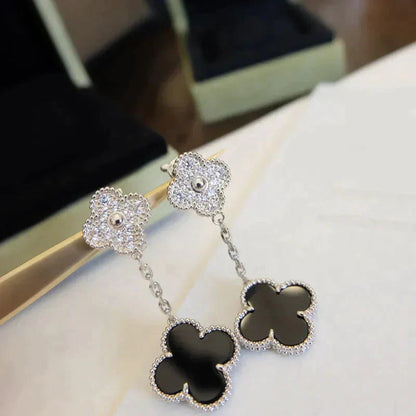 [Mystic]CLOVER 2 MOTIFS  DIAMOND ONYX EARRINGS SILVER