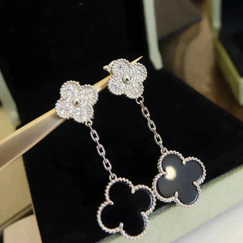 [Mystic]CLOVER 2 MOTIFS  DIAMOND ONYX EARRINGS SILVER