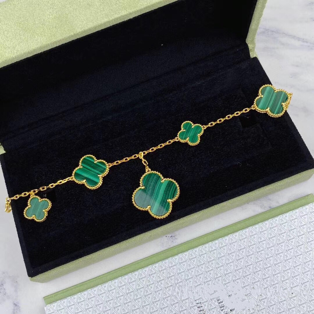 [Mystic]MAGIC CLOVER MALACHITE GOLD BRACELET 5 MOTIFS
