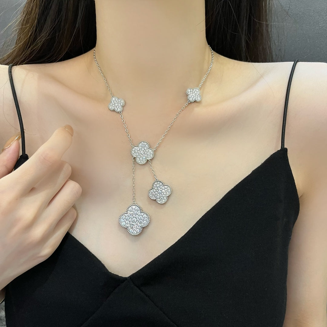 [Mystic]CLOVER 5 MOTIFS SILVER DIAMONDS NECKLACE
