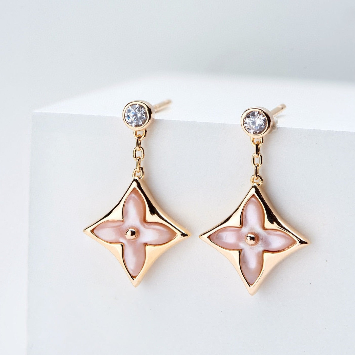 [Mystic]DOUBLE STAR PINK GOLD MOP DROP EARRINGS