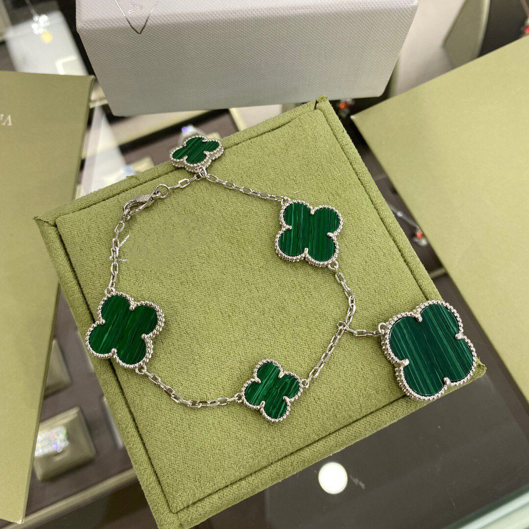[Mystic]CLOVER 5 MOTIFS SIVLER MALACHITE BRACELET