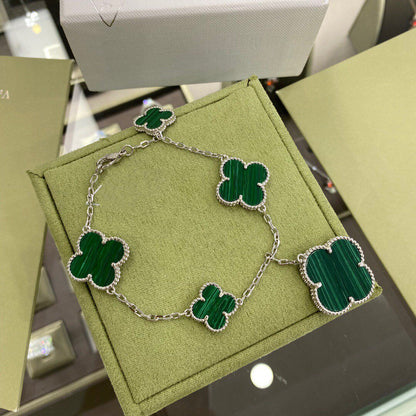 [Mystic]CLOVER 5 MOTIFS SIVLER MALACHITE BRACELET
