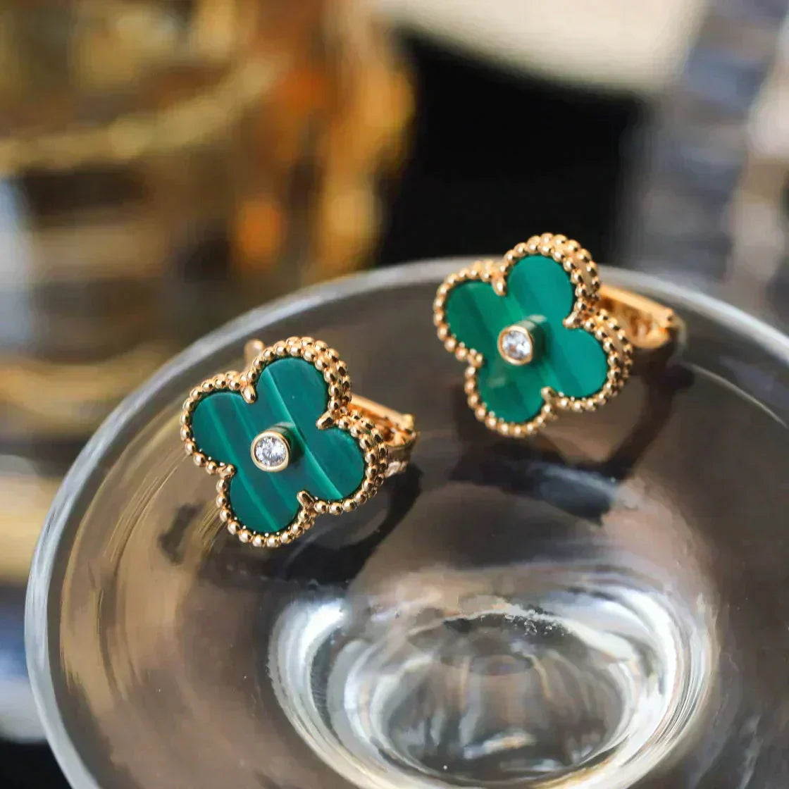 [Mystic]CLOVER MEDIUM 1 MOTIFS MALACHITE DIAMOND EARRINGS