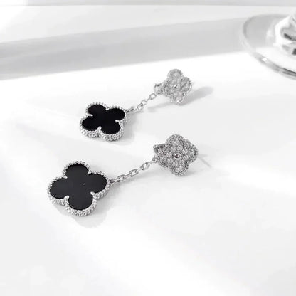 [Mystic]CLOVER 2 MOTIFS  DIAMOND ONYX EARRINGS SILVER