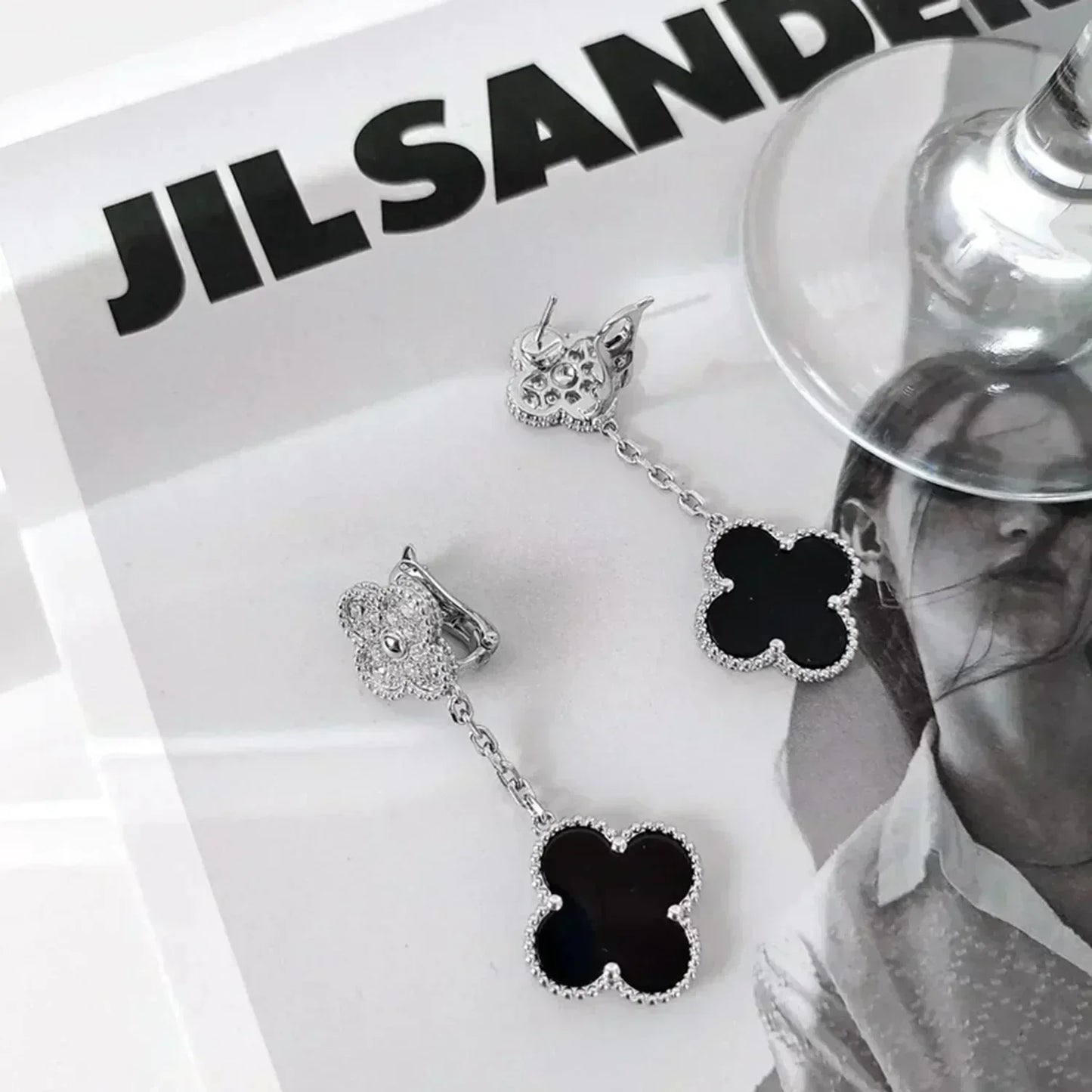 [Mystic]CLOVER 2 MOTIFS  DIAMOND ONYX EARRINGS SILVER