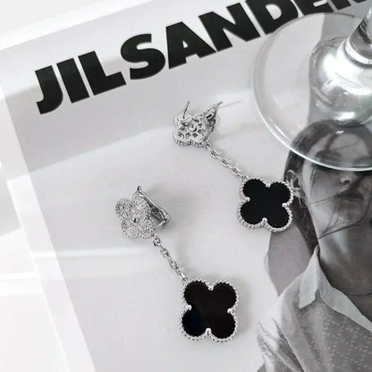 [Mystic]CLOVER 2 MOTIFS  DIAMOND ONYX EARRINGS SILVER