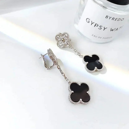 [Mystic]CLOVER 2 MOTIFS  DIAMOND ONYX EARRINGS SILVER