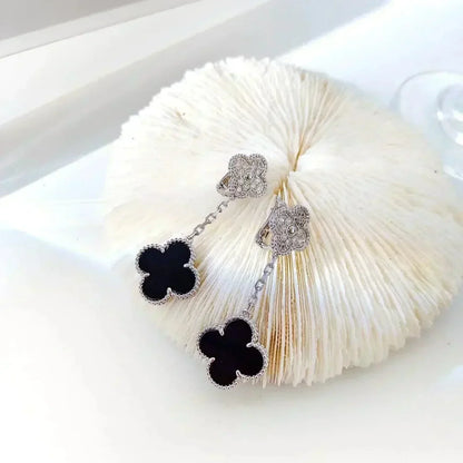 [Mystic]CLOVER 2 MOTIFS  DIAMOND ONYX EARRINGS SILVER