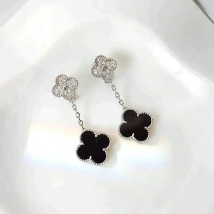 [Mystic]CLOVER 2 MOTIFS  DIAMOND ONYX EARRINGS SILVER