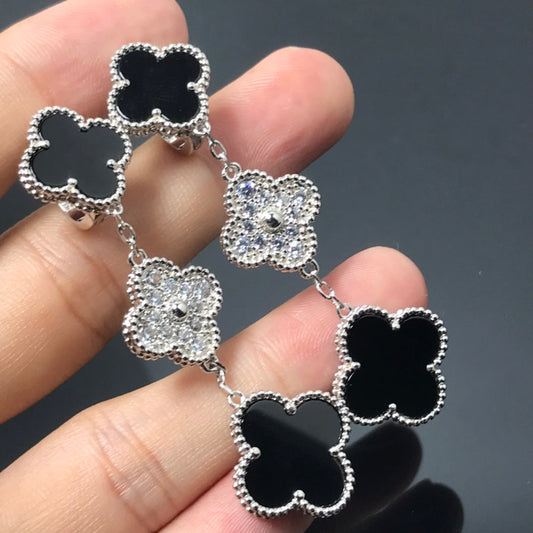 [Mystic Crown]CLOVER 3 MOTIF DIAMOND ONYX SILVER EARRINGS