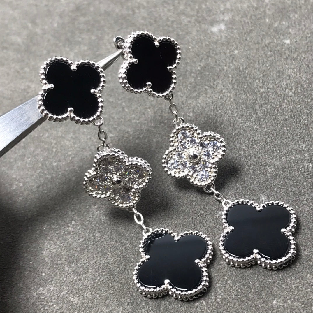 [Mystic Crown]CLOVER 3 MOTIF DIAMOND ONYX SILVER EARRINGS