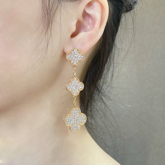 [Mystic]CLOVER 3 MOTIFS DIAMOND PAVED ROSE GOLD EARRINGS