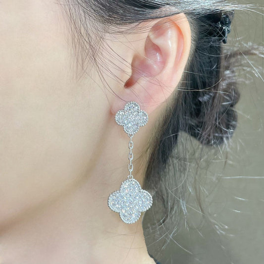 [Mystic]CLOVER 2 MOTIFS DIAMOND PAVED SILVER EARRINGS