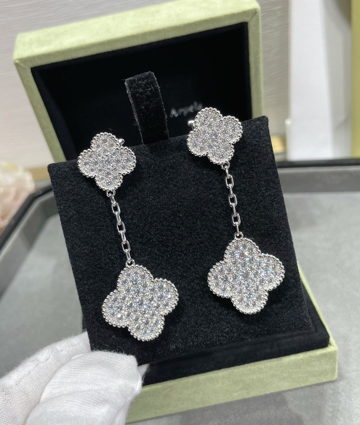 [Mystic]CLOVER 2 MOTIFS DIAMOND PAVED SILVER EARRINGS