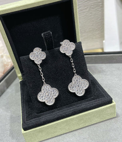 [Mystic]CLOVER 2 MOTIFS DIAMOND PAVED SILVER EARRINGS