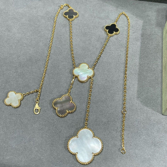 [Mystic]CLOVER 6 MOTIF MOP ONYX GOLD NECKLACE