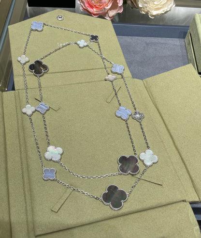 [Mystic]CLOVER 16 MOTIF CHALCEDONY MOP SILVER NECKLACE