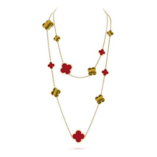 [Mystic]CLOVER 16 MOTIF CARNELIAN TIGER EYE ROSE GOLD NECKLACE