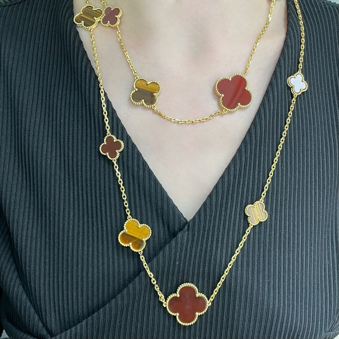 [Mystic]CLOVER 16 MOTIF CARNELIAN TIGER EYE ROSE GOLD NECKLACE