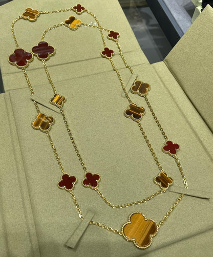 [Mystic]CLOVER 16 MOTIF CARNELIAN TIGER EYE ROSE GOLD NECKLACE