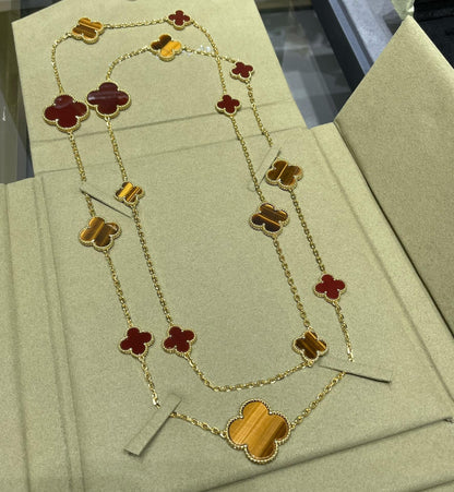 [Mystic]CLOVER 16 MOTIF CARNELIAN TIGER EYE ROSE GOLD NECKLACE