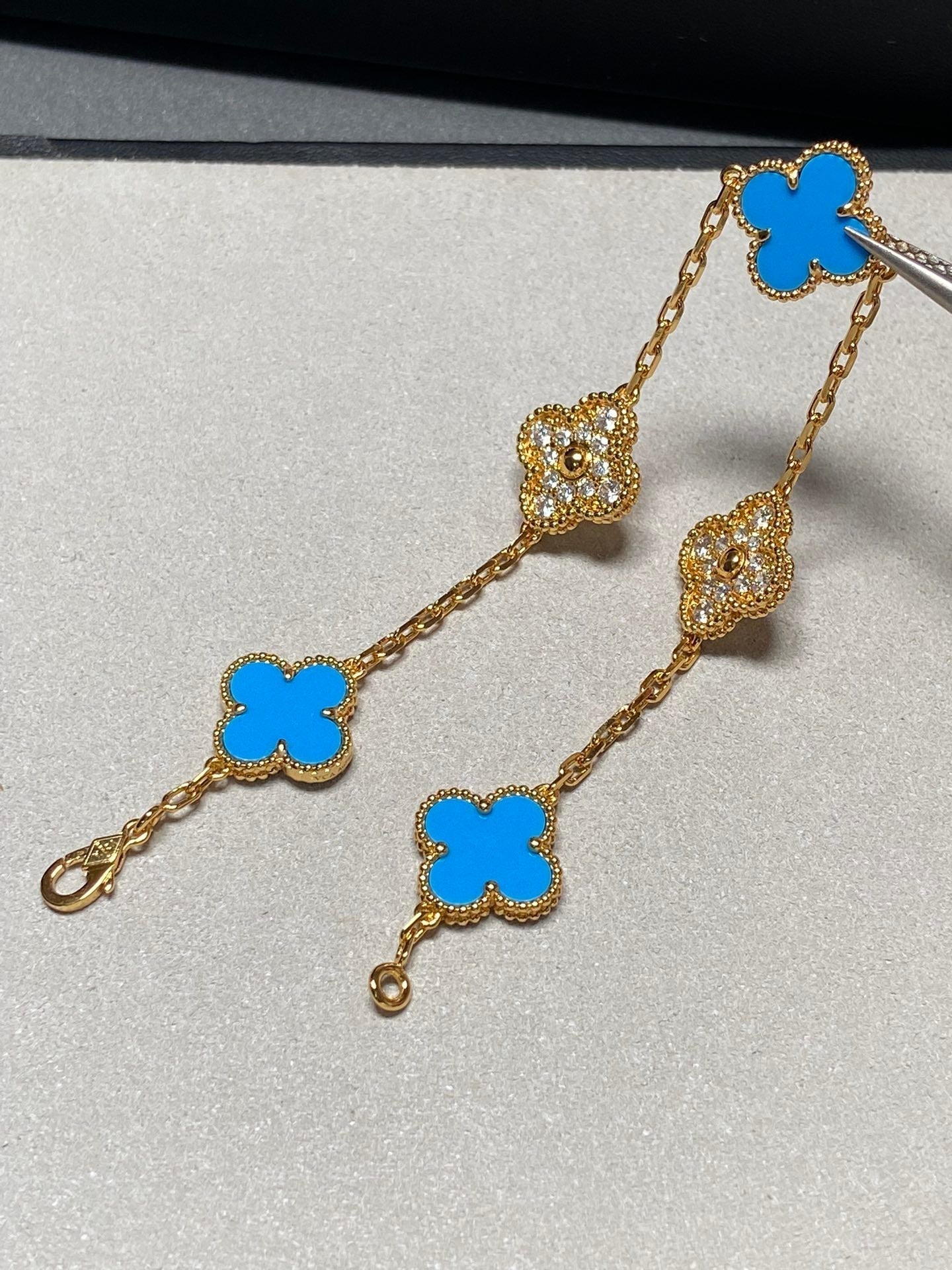 [Mystic Crown]CLOVER 5 MOTIF BLUE CHALCEDONY DIAMOND GOLD BRACELET