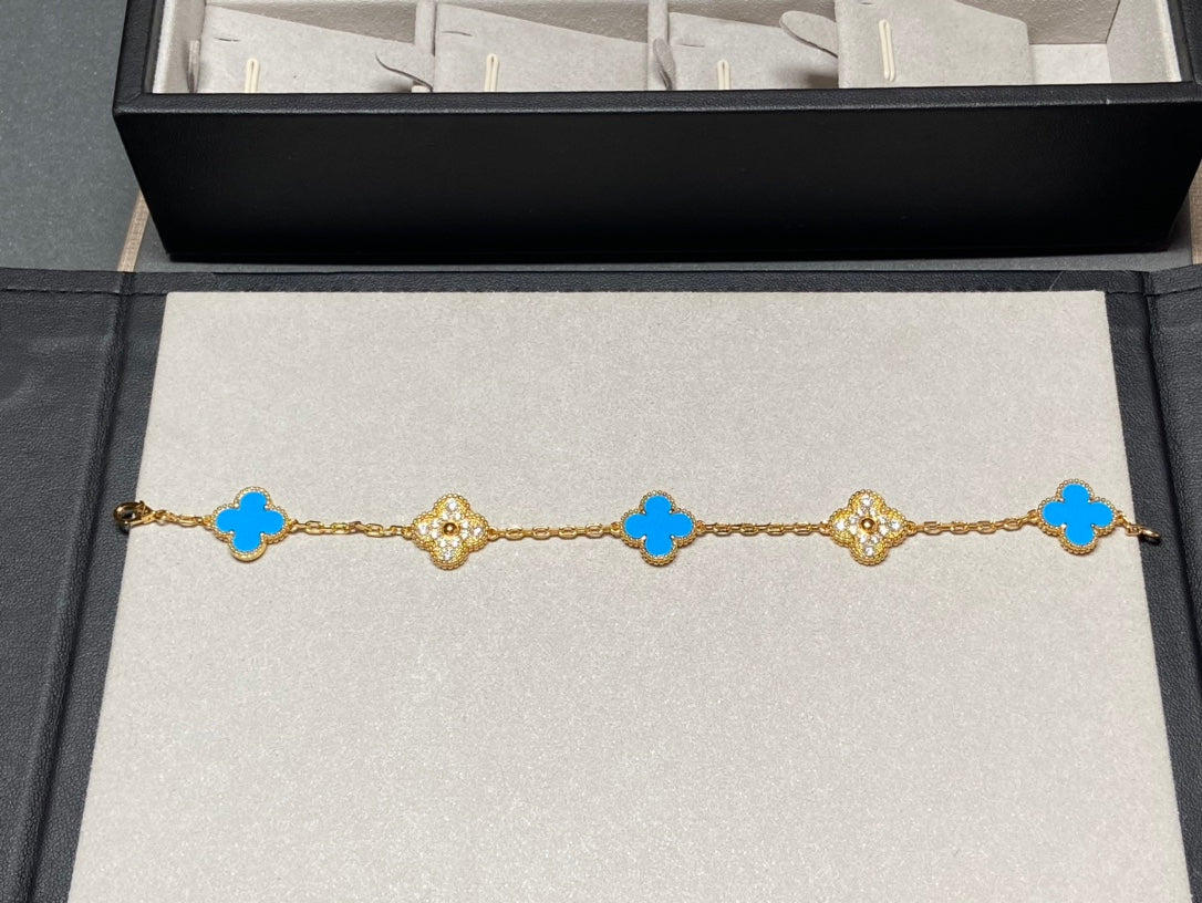 [Mystic Crown]CLOVER 5 MOTIF BLUE CHALCEDONY DIAMOND GOLD BRACELET