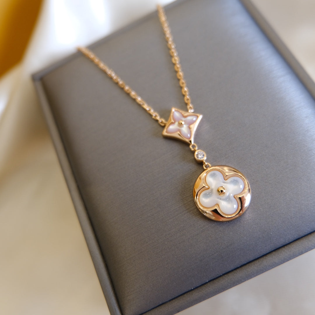 [Mystic]STAR AND SUN WHITE MOP 2 MOTIF PINK GOLD NECKLACE