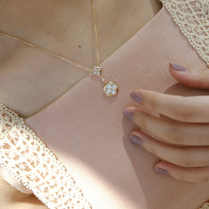 [Mystic]STAR AND SUN WHITE MOP 2 MOTIF PINK GOLD NECKLACE