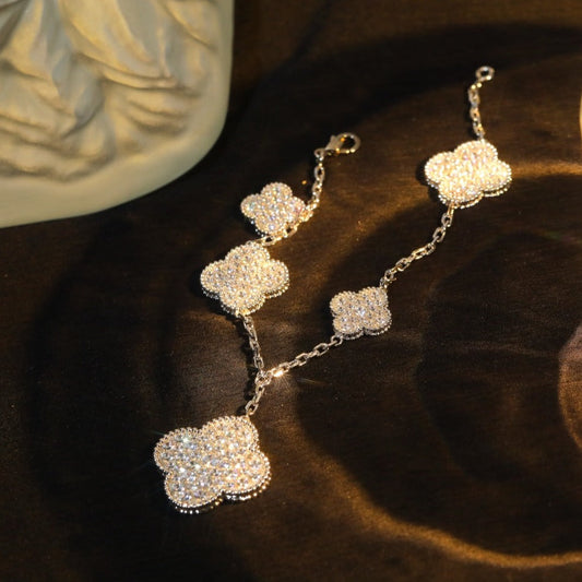 [Mystic]CLOVER BRACELET 5 MOTIF SILVER DIAMOND PAVED-w