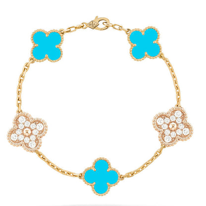 [Mystic]CLOVER 5 MOTIF TURQUOISE DIAMOND GOLD BRACELET