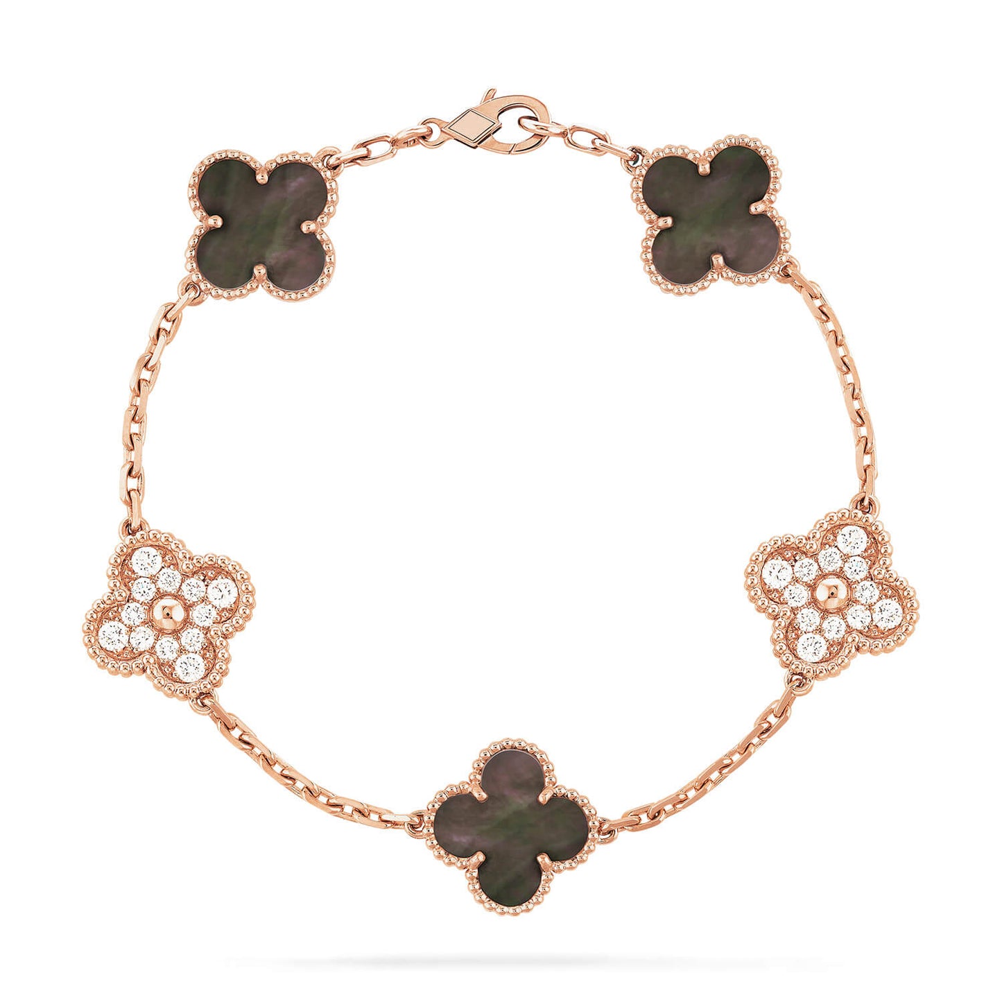[Mystic]CLOVER 5 MOTIFS DARK MOP AND DIAMONDS PINK GOLD BRACELET