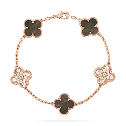 [Mystic]CLOVER 5 MOTIFS DARK MOP AND DIAMONDS PINK GOLD BRACELET