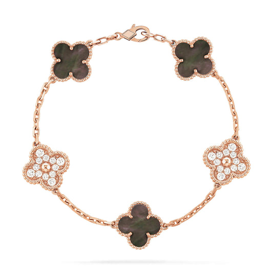 [Mystic]CLOVER 5 MOTIFS DARK MOP AND DIAMONDS PINK GOLD BRACELET