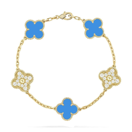 [Mystic]CLOVER 5 MOTIF BLUE CHALCEDONY DIAMOND GOLD BRACELET