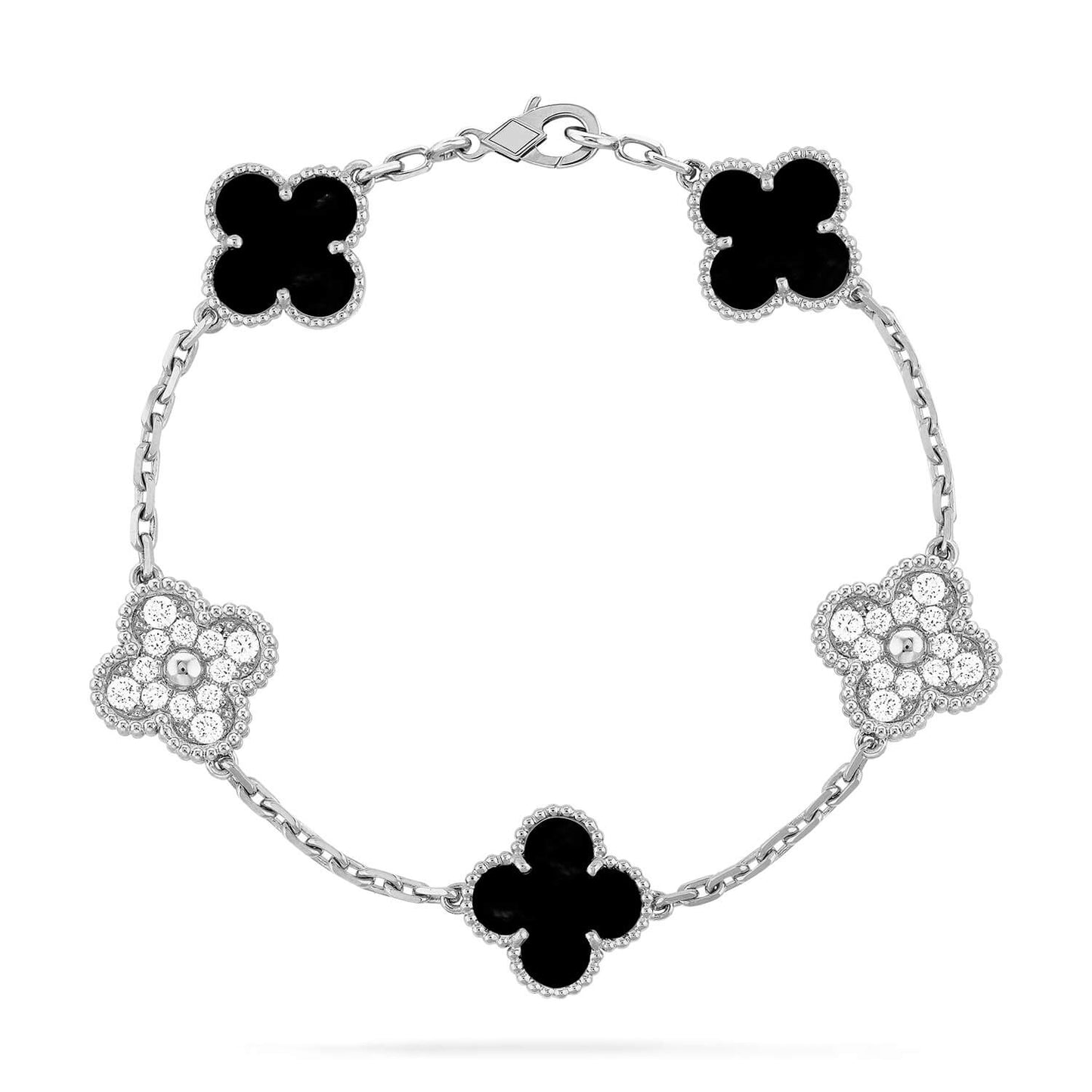 [Mystic]CLOVER 5 MOTIF ONYXS DIAMOND BRACELET SILVER