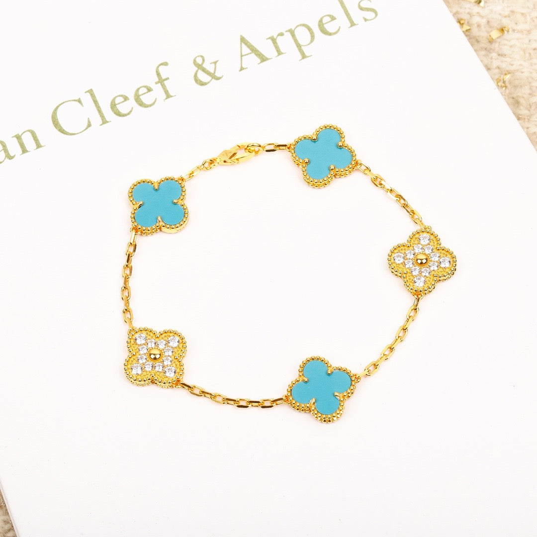 [Mystic]CLOVER 5 MOTIF TURQUOISE DIAMOND GOLD BRACELET