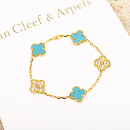 [Mystic]CLOVER 5 MOTIF TURQUOISE DIAMOND GOLD BRACELET