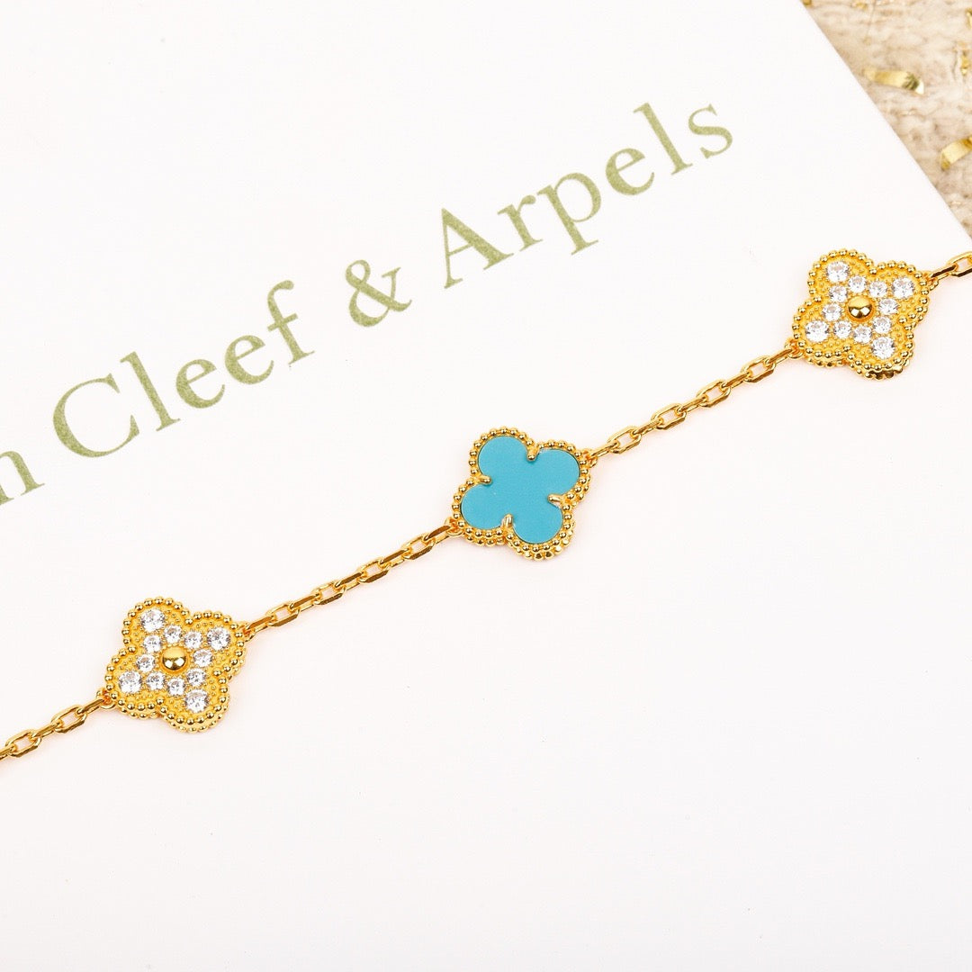 [Mystic]CLOVER 5 MOTIF TURQUOISE DIAMOND GOLD BRACELET