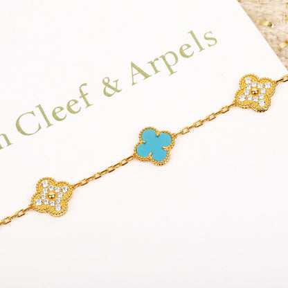 [Mystic]CLOVER 5 MOTIF TURQUOISE DIAMOND GOLD BRACELET