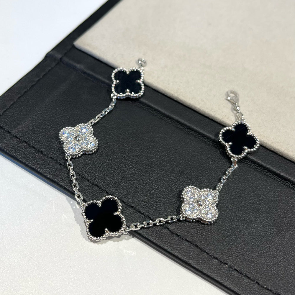 [Mystic]CLOVER 5 MOTIF ONYXS DIAMOND BRACELET SILVER
