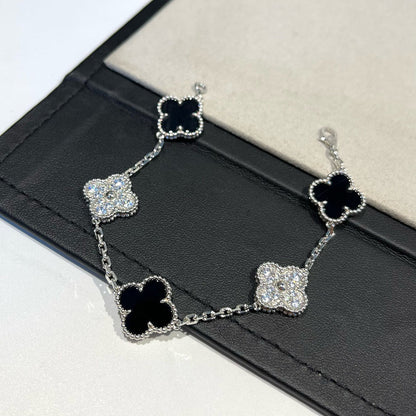 [Mystic]CLOVER 5 MOTIF ONYXS DIAMOND BRACELET SILVER