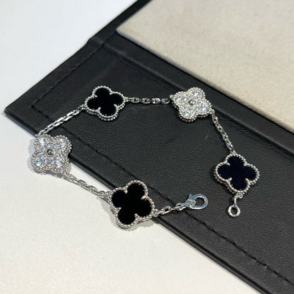 [Mystic]CLOVER 5 MOTIF ONYXS DIAMOND BRACELET SILVER