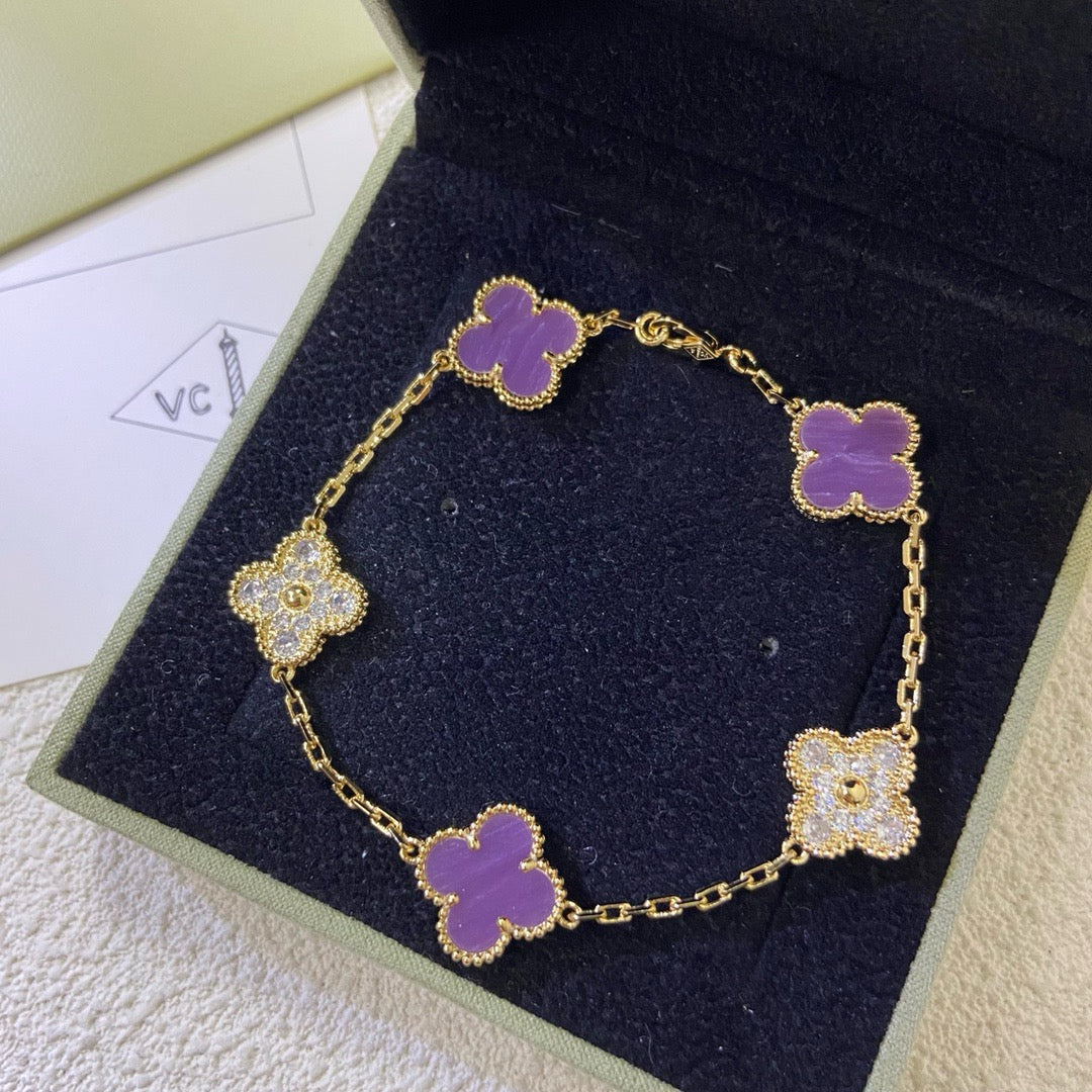 [Mystic]CLOVER  5 MOTIFS  PURPLE VIOLET DIAMOND BRACELET-w